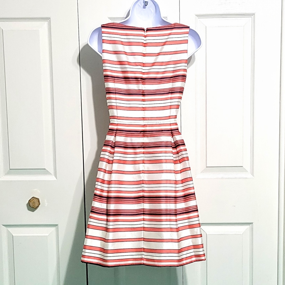 Ann Taylor Striped Pin White Fit Flair Pleated Dress Shiny Satiny - Picture 3 of 7